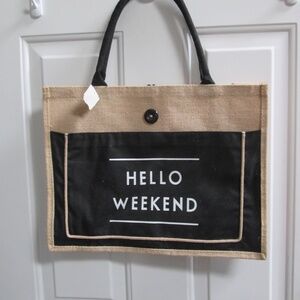 new "HELLO WEEKEND" Jute bag 14" x 18" x 5.5"